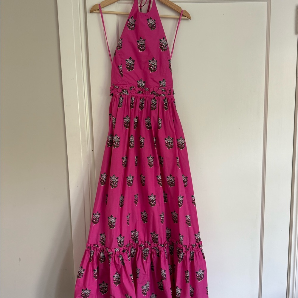 RHODE Bright Pink Floral Print Halter Maxi Dress